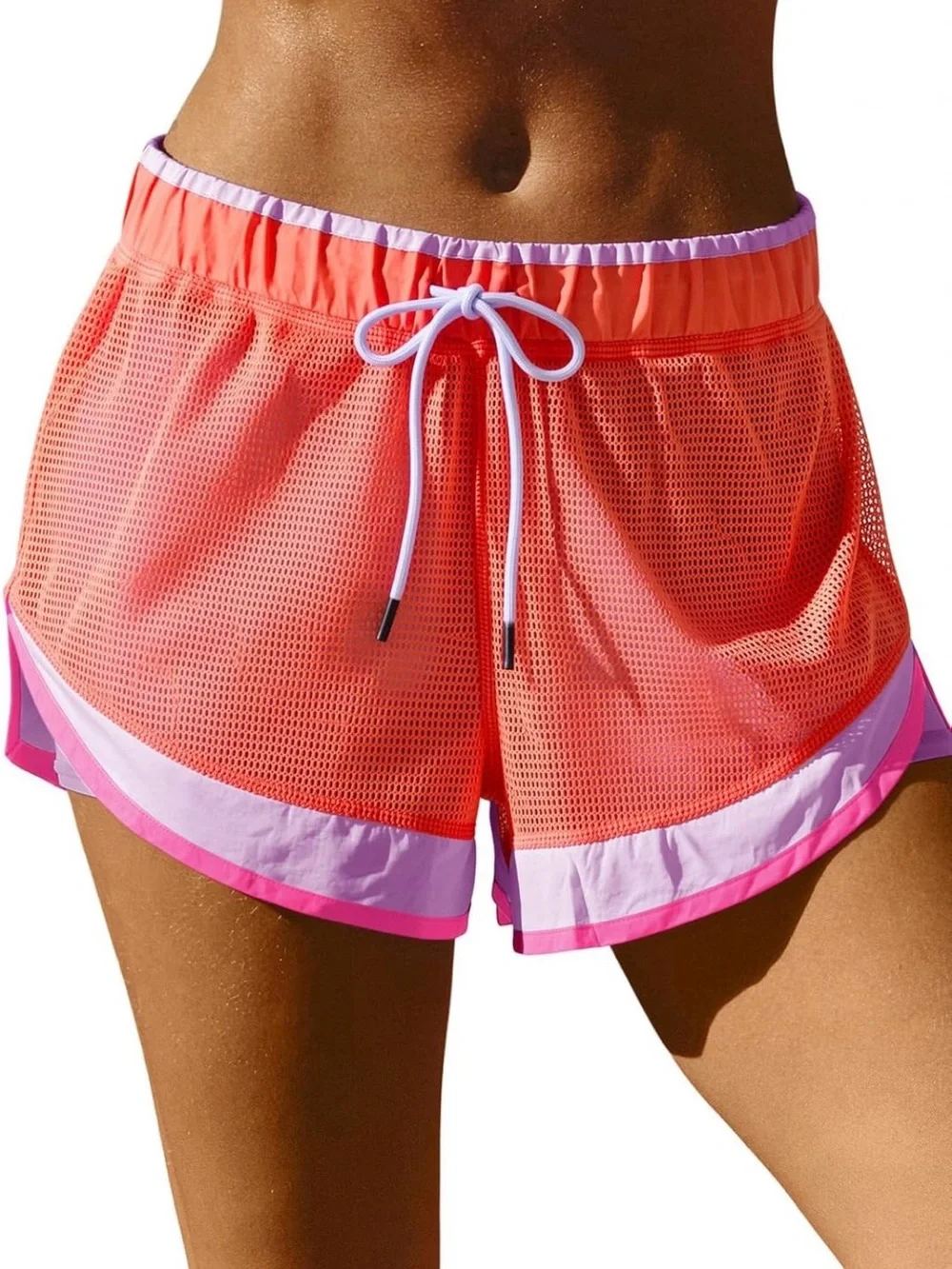 NWT Women’s Coral Pink Mesh Athletic Shorts with Drawstring 2 in 1 Running Med